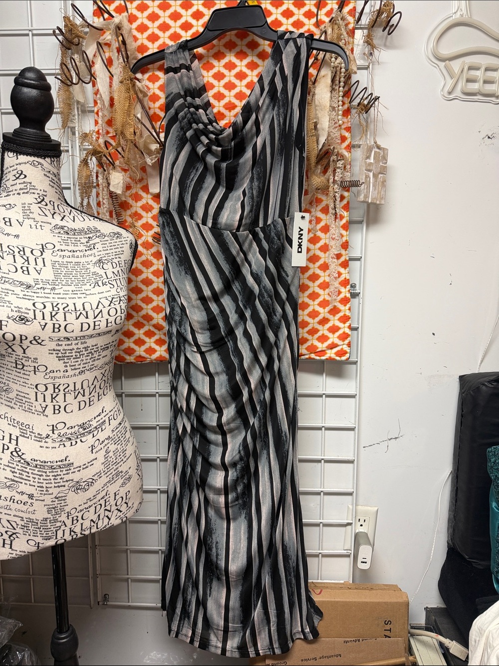 DKNY One-Shoulder Black and Gray Striped Draped Dress